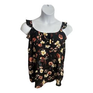 Maurices Black Pink Floral Blouse Size 0 Ruffle Neck Sleeveless Tie Pullover